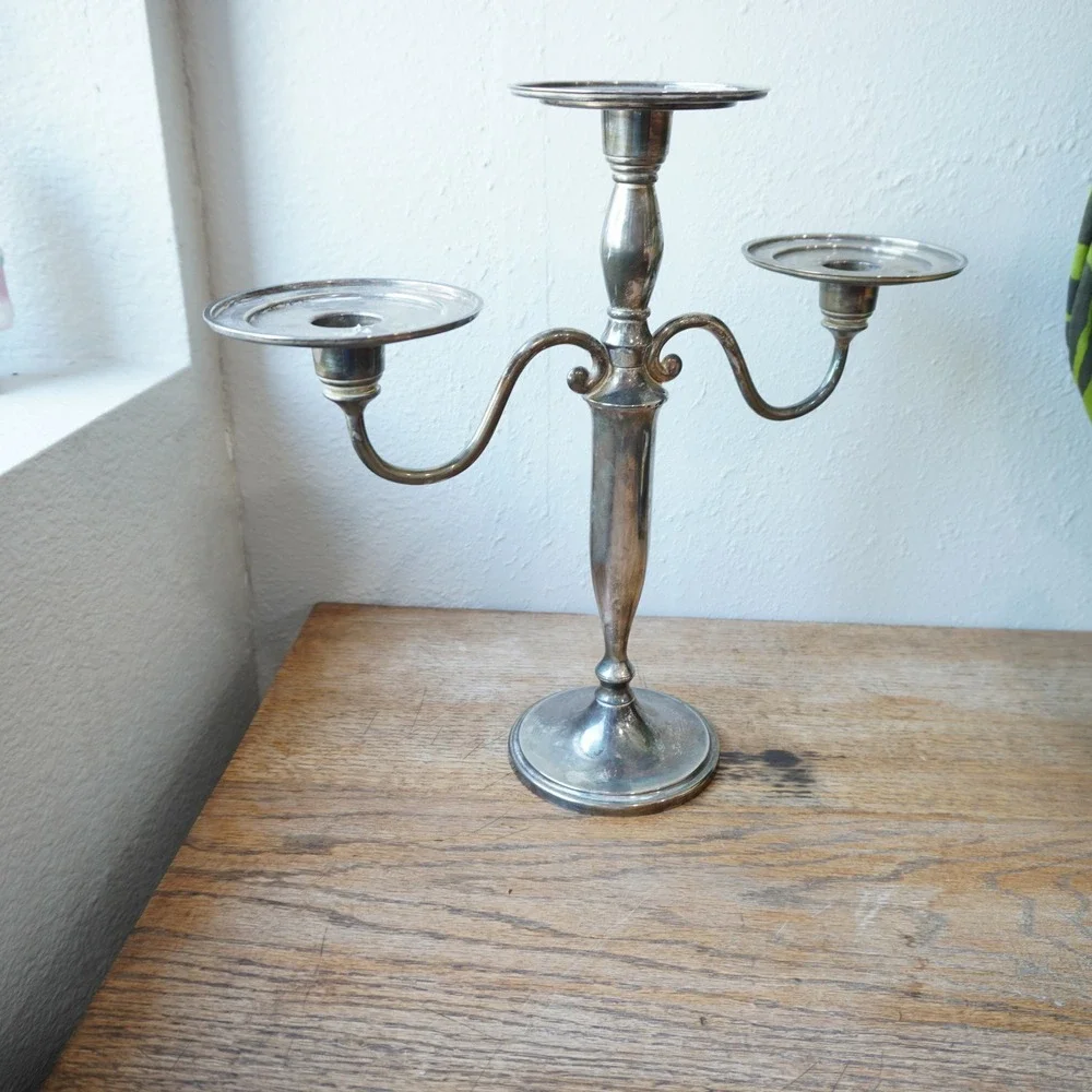 Vintage Silver Tone 3 Arm Candelabra Scroll Triple Candle Holder Centerpiece